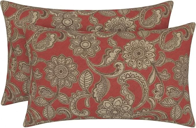 RSH DECOR: Outdura Lumbar Throw Pillows Set of 2 | 20" x 12" | Water and Fade-Resistant Performance Fabric | Outdoor Pillow Covers with Down-Alternative Inserts | Made in USA (Veranda Crimson)