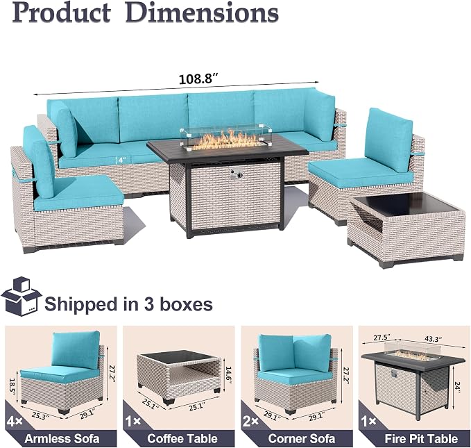 Patio Furniture Set, 8-Piece Outdoor Sectional Sofa with 60,000 BTU Fire Pit Table & 2-Layer Glass Coffee Table, Wicker Patio Conversation Set with Cyan Cushions