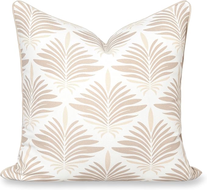 Hofdeco Premium Coastal Hampton Patio Indoor Outdoor Throw Pillow Cover Only, 20"x20" Water Repellent for Backyard, Couch, Poolside, Neutral Tan Print Abstract Plam Leaves