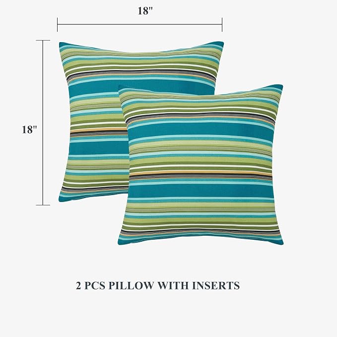 FUNHOME Outdoor Throw Pillows with Insert 18x18 Inch Pack of 2-Green Stripe | Decorative Throw Pillows with Inserts, Water-Repellent, Square Pillows for Bed, Couch, Sofa and Patio Furniture