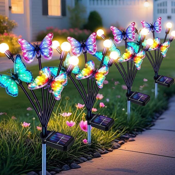 Solar Garden Lights Outdoor, Butterfly Firefly Lights 2 Pack, Waterproof | 3 Dynamic Fluttering Butterfly & 3 Firefly, Solar Garden Decor For Yard, Patio, Lawn, Gifts For Mom Women