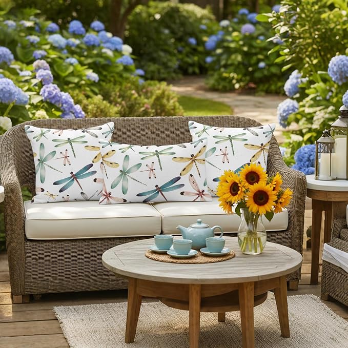 Dragonfly Outdoor Pillow Covers 18x18 Inch Throw Pillow Covers Set of 2 Waterproof Decorative Pillow Cases Watercolor Colorful Nature Painting Art Cushion Covers for Patio Furniture Garden Couch Sofa