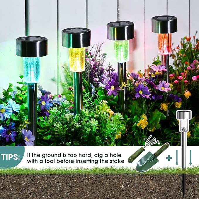 GIGALUMI Solar Garden Lights Outdoor, 12 Pack 6-Color, IP65 Waterproof Decorative Pathway Lights, Stainless Steel LED Landscape Lighting for Yard, Lawn, Walkway