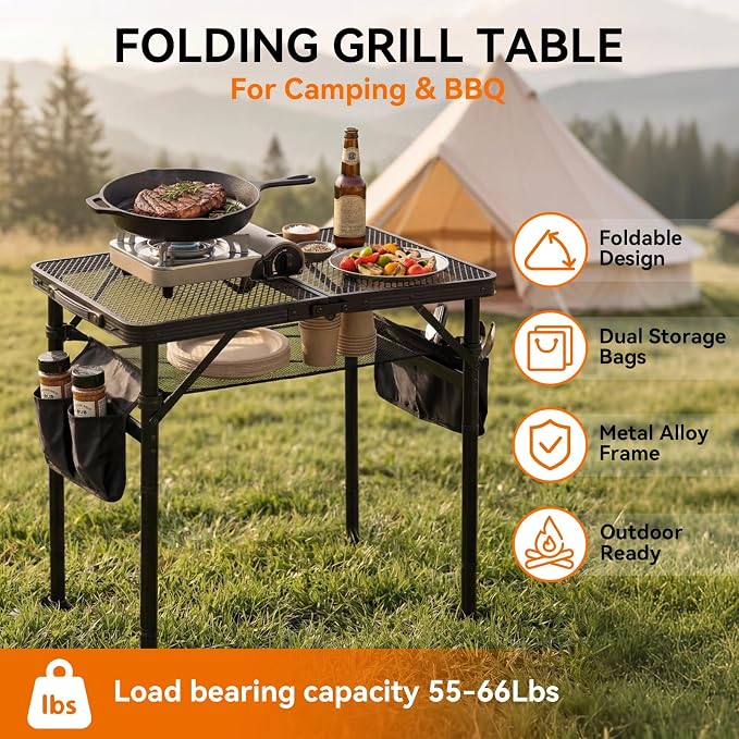 2Ft Foldable Grill Table for Camping, Portable Metal Mesh BBQTable with Dual Side Storage Bags, Lightweight Folding Outdoor Cooking Table for Picnic, RV Travel, Beach & Backyard BBQ