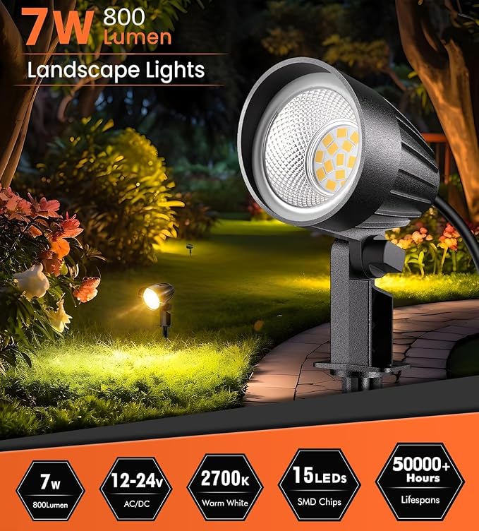 MEIKEE 7W 800lm Low Voltage Landscape Lighting, 12V 24V LED Landscape Lights, 2700K IP66 Waterproof Outdoor Spot Lights with Connectors for Garden Pathway Yard Decoration (8 Pack)