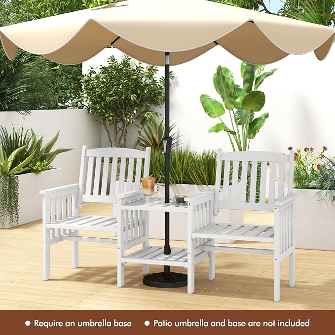 Tangkula Outdoor Wood Loveseat with 2-Tier Side Table and Umbrella Hole, 2-Seater Patio Garden Bench with Armrests and Slatted Seats, Outdoor Table and Chairs Set for Porch and Balcony