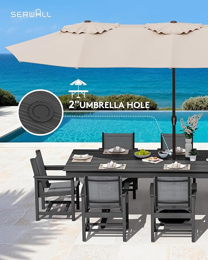 SERWALL 10 Piece Outdoor Dining Set with 15ft Triple-Head Foldable Umbrella(Based not Included), 84" HDPE Outdoor Large Table and Textilene Sling Chairs for 8, Black