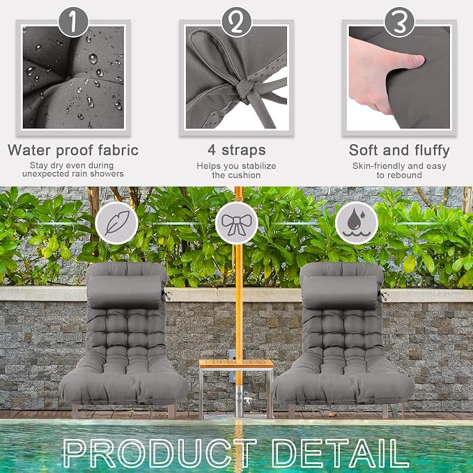 Tudomro Outdoor Chaise Lounge Cushion 66x21x4'' Waterproof & Fade-Resistant Patio Pool Chaise Lounge Cushion Headrest Pillow Tie Replacement Rocking High Back Chair(Dark Gray,Set of 2)