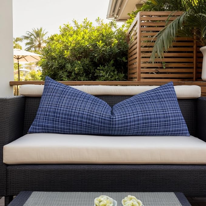 Kevin Textile Outdoor Waterproof 14"x36" Pillow Cover 1 Pack, Navy Blue | Water Resistant, Faux Linen Yarn-dyed, Woven Texture Throw Pillow Covers for Tent Patio Garden Couch Sofa