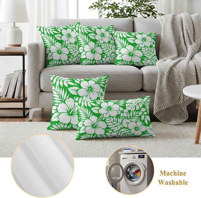 Green Hibiscus Flowers Waterproof Outdoor Pillow Covers Set of 2 Home Decor, Tropical Monstera Leaves Pillowcase Patio Pillow Covers for Couch Bench Patio Furniture Garden 18x18in