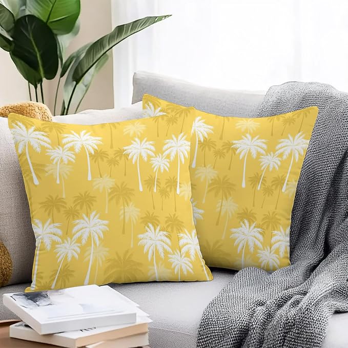 Throw Pillow Covers 24x24 Inch Set of 2, Tropical Palm Tree Waterproof Outdoor Pillow Covers, Yellow White Plants Coastal Leaf Beach Decorative Cushion Pillowcases for Couch, Sofa, Bed, Garden, Patio