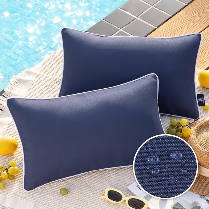 Phantoscope Pack of 2 Outdoor Waterproof Solid Throw Decorative Pillow Cover Decorative Square Outdoor Pillows Cushion Case Patio Pillows for Couch Tent, Dark Blue 12x20 inches 30x50 cm