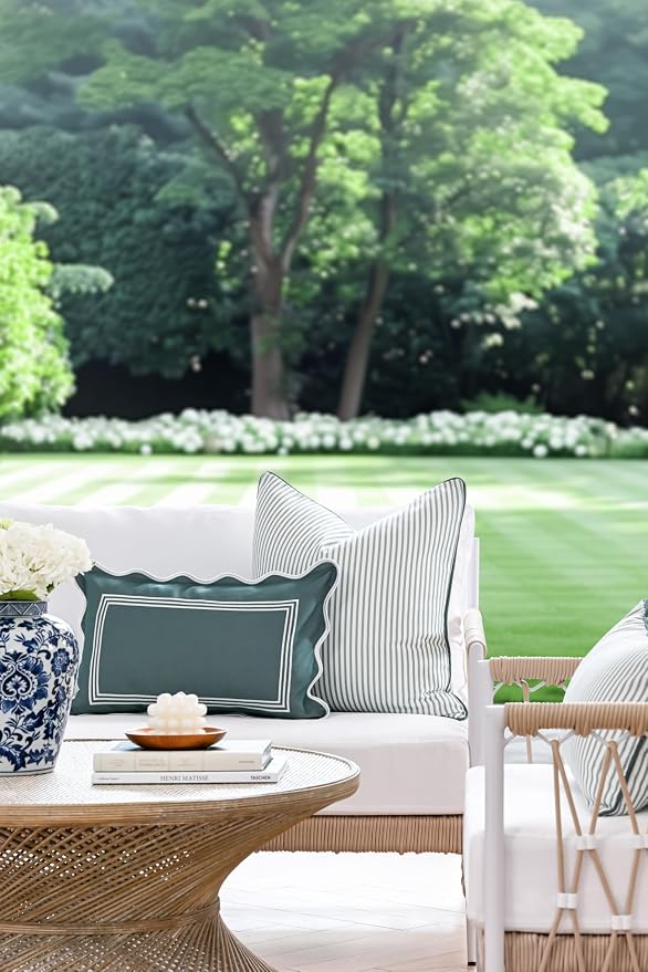 Hofdeco Premium Coastal Grandmillennial Patio Indoor Outdoor Throw Pillow Cover Only, 20"x20" Water Repellent for Backyard, Couch, Poolside, Celadon Green Print Stripes