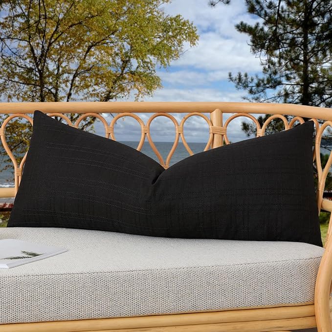 Kevin Textile Outdoor Waterproof 14”x36” Lumbar Pillow Cover 1 Pack, Black | Water Resistant, Soft Faux Linen-cotton Yarn-dyed Woven Texture Throw Pillow Covers for Tent Patio Garden Couch Sofa