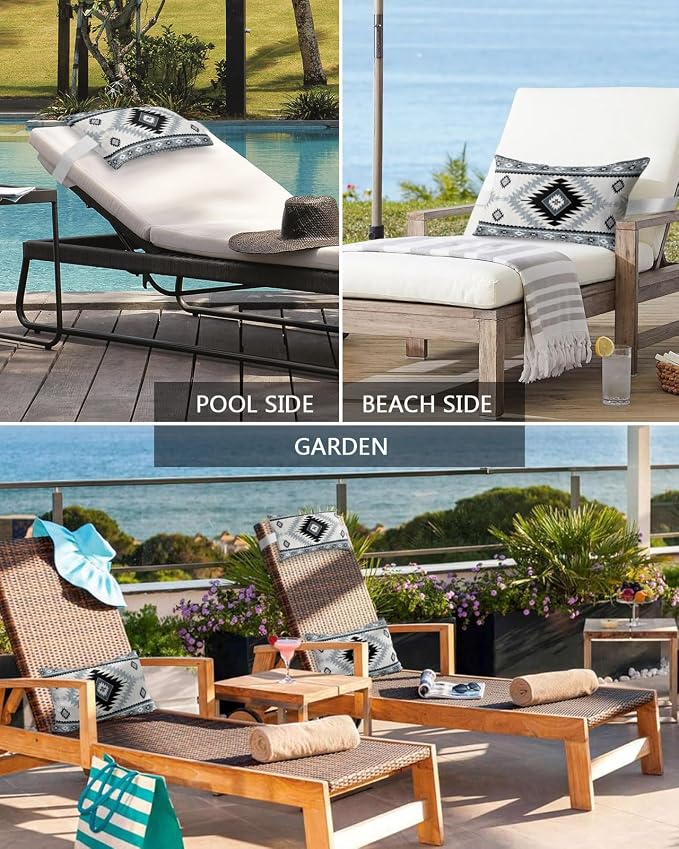Outdoor Pillows Waterproof Covers Set of 2, Haze Blue Bohemian Adjustable Elastic Chaise Lounge Headrest Pillow Covers, Aztec Boho Tribal Decorative Lumbar Pillow for Pool Patio Furniture 11x16 Inch