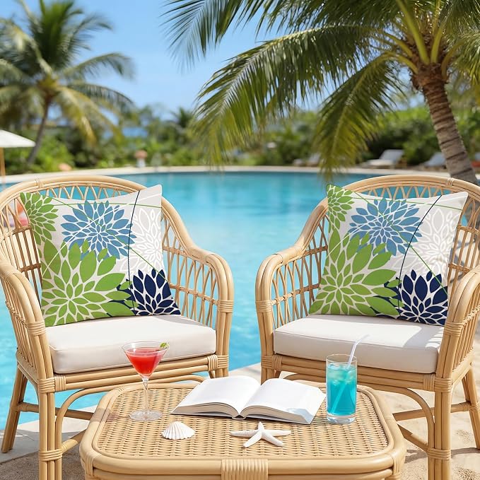 OTOSTAR Outdoor Green Blue Pillow Covers 20x20 Inch Set of 2 Dark Blue Flower Throw Pillows Farmhouse Geometric Dahlia Floral Square Cushion Case Waterproof Decor for Sofa Patio Funiture Garden