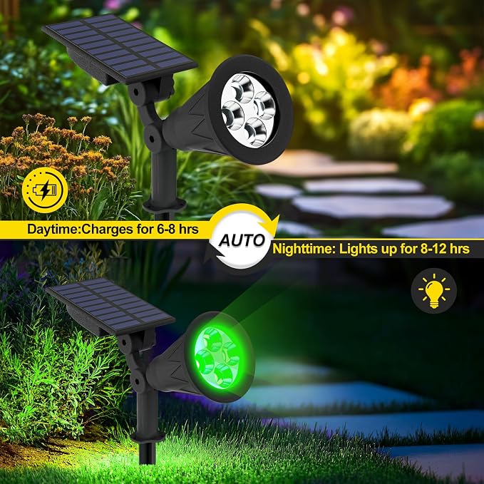T-SUN Green Solar Spot Lights Outdoor Waterproof, Solar Spotlights, 2 Pack | 4 LEDs, 2 Lighting Modes, IP65 Waterproof Dusk to Dawn Solar Lights for Tree, Patio, Yard, Garden, Driveway, Halloween
