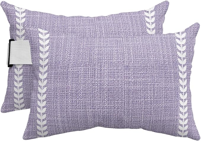 Lavender Purple Outdoor Lumbar Pillows 12x20 Set of 2, Modern Rustic Simple Striped Elegant Waterproof Throw Pillow Covers with Insert, Decorative Support Pillows for Lounge, Chaise