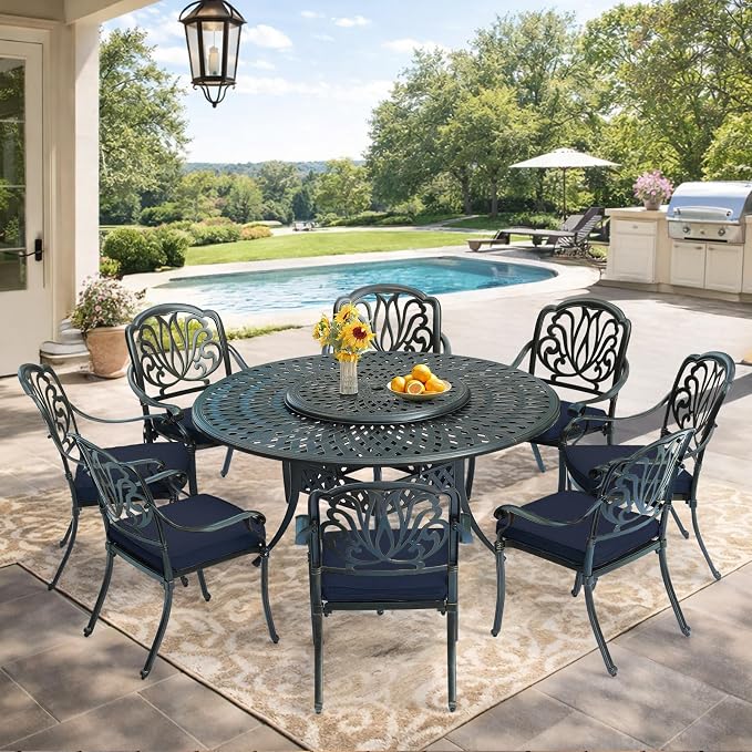 VIVIJASON 9-Piece Patio Furniture Dining Set, Rust-Free Cast Aluminum Outdoor Conversation Set, Include 8 Cushioned Chairs & 61" Round Dining Table with 31" Lazy Susan, Umbrella Hole, Navy Blue