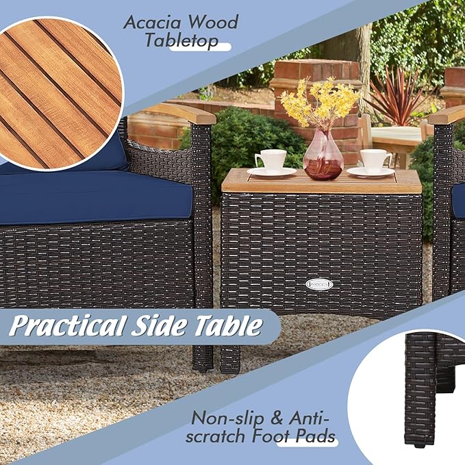 HAPPYGRILL 3 Pieces Patio Rattan Conversation Set, Outdoor PE Wicker Furniture Set Bistro Set with Coffee Table, Soft Seat Cushions & Throw Pillows, Acacia Wood Sofa Set for Patio Courtyard Poolside