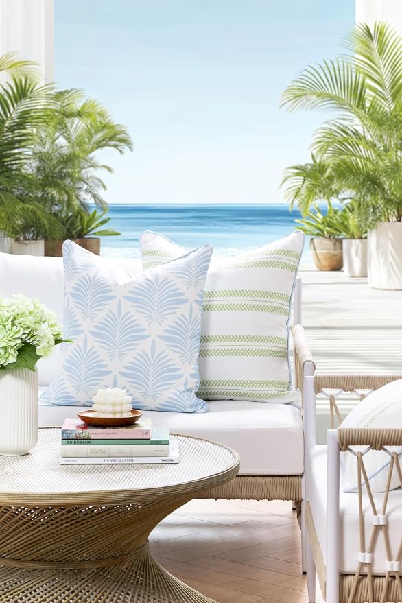 Hofdeco Premium Grandmillennial Coastal Hampton Patio Indoor Outdoor Throw Pillow Cover Only, 20"x20" Water Repellent for Backyard, Couch, Poolside, Baby Blue Print Abstract Plam Leaves