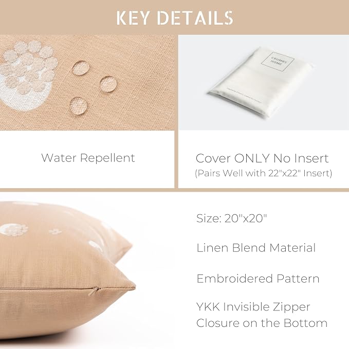 Crumbs Home Modern Farmhouse California Casual Indoor Outdoor Throw Pillow Cover, 20"x20" Water Repellent for Patio, Backyard, Couch, Poolside, Earth Tone Tan Neutral Embroidered Striped Dots