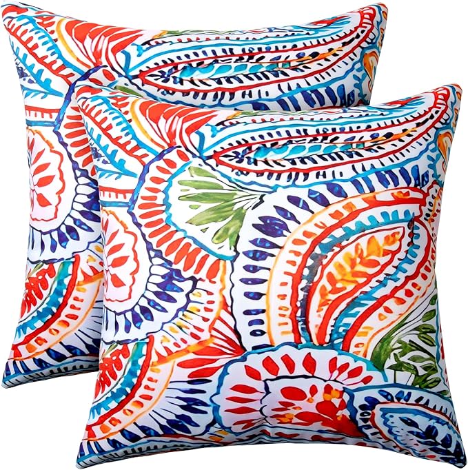 2 Pack Waterproof Outdoor Pillows, 18x18 Outdoor Throw Pillows | Patio Furniture Pillows, Fluffy Decorative Pillows, Waterproof &Fade Resistant, Removable & Washable, Paisley Multi Red