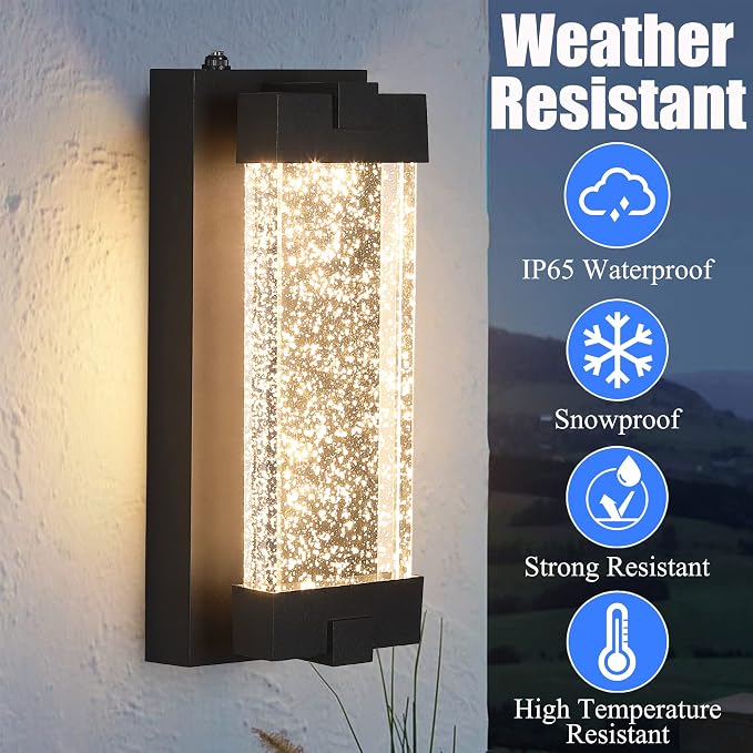 Black Wall Sconce with K9 Crystal Bubble and Dusk to Dawn Sensor, Exterior LED Wall Mounted Light, Modern Porch Lantern, Light Fixture for Indoor and Outdoor