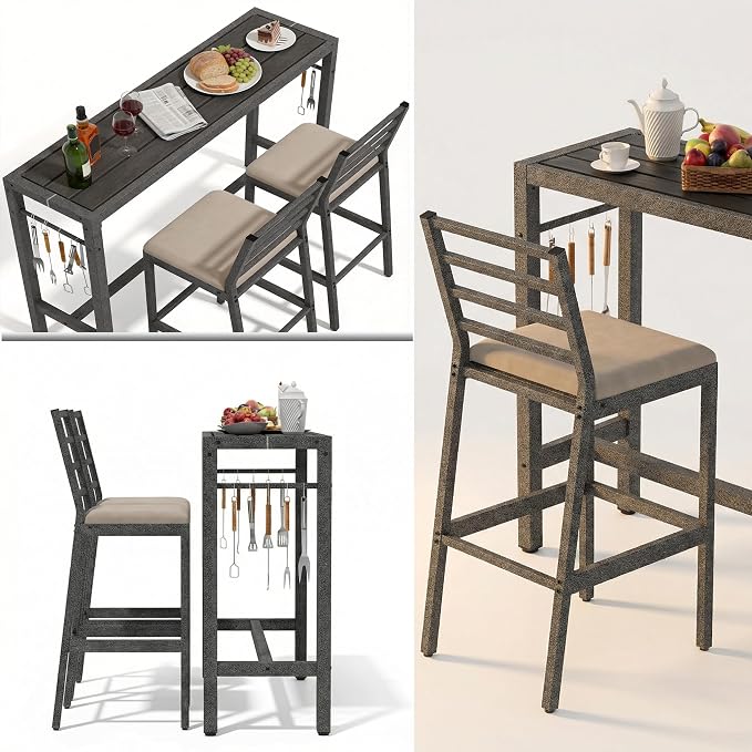 3Pcs Outdoor Patio Bar Set, 55" Rectangular High Top Table and Chairs Set with 2 Cushioned Bar Stools & Cover,Metal Pub Height Bistro Table Set for Balcony, Backyard, Porch, Deck,Garden, Pool