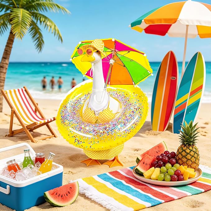 Hawaiian Porch Goose Outfits, 23 Inch Bikini Lawn Goose Summer Outfit with Swimsuit Float Ring Sunglasses Pearl Necklace Umbrella, Yellow Polka Dot Goose Clothes for Outdoor Garden