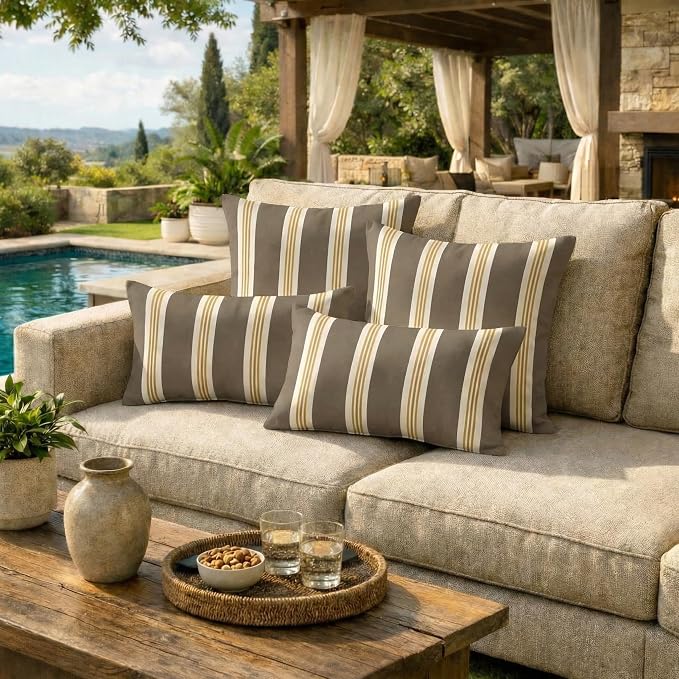 RSH DECOR: Outdura Lumbar & Square Pillows Set of 4 | 20" x 12" & 20" x 20" | Water and Fade-Resistant Fabric | Outdoor Throw Pillows for Patio Furniture | Made in USA (Tory Alloy)