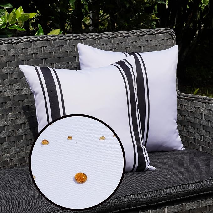 ONWAY Outdoor Pillow Covers 18x18 Waterproof Set of 2 Decorative Throw Cushion Cover White and Black Striped Outdoor Pillows for Patio Furniture