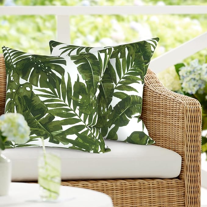 DYTXIII Pack of 2 Waterproof Outdoor Pillow with Inserts, 18x18 Square Patio Decorative Throw Pillow for Home,Sofa,Bench and Patio Furniture,Palm Green