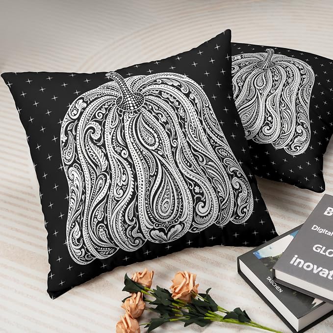 Fall Pillow Covers Autumn Black Pumpkin Throw Pillow Covers 18x18 Set of 2 Harvest Thanksgiving Pillow Cases Abstract Paisley Flower Cushion Cases for Sofa Patio Garden