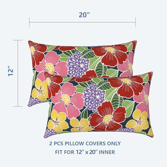 LVTXIII Outdoor Lumbar Pillow Covers, Patio Decorative Lumbar Pillow Cases ONLY, Fluffy Fade-Resistant Lumbar Cushion Cases for Home Balcony and Garden, 12x20 Inch, Pack of 2, Flower Bloom