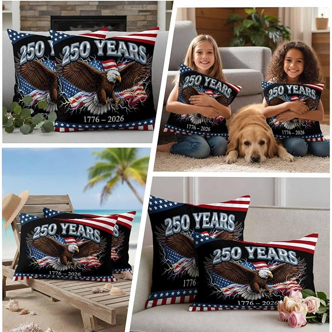 American Flag 4th of July Outdoor Waterproof Throw Pillow Covers 20x20 Set of 2, Independence Day Eagle USA Flag Decorative Pillowcases Cushion Pillowcase for Couch Sofa Patio Outside Pillow Protector