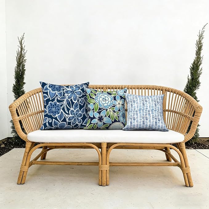 Outdoor Pillows with Insert 18x18 Inch, Waterproof Throw Pillow for Patio Furniture, Decorative Back Cushion for Garden Home Sofa Office Chair, Set of 2, Azure Botanical Symphony