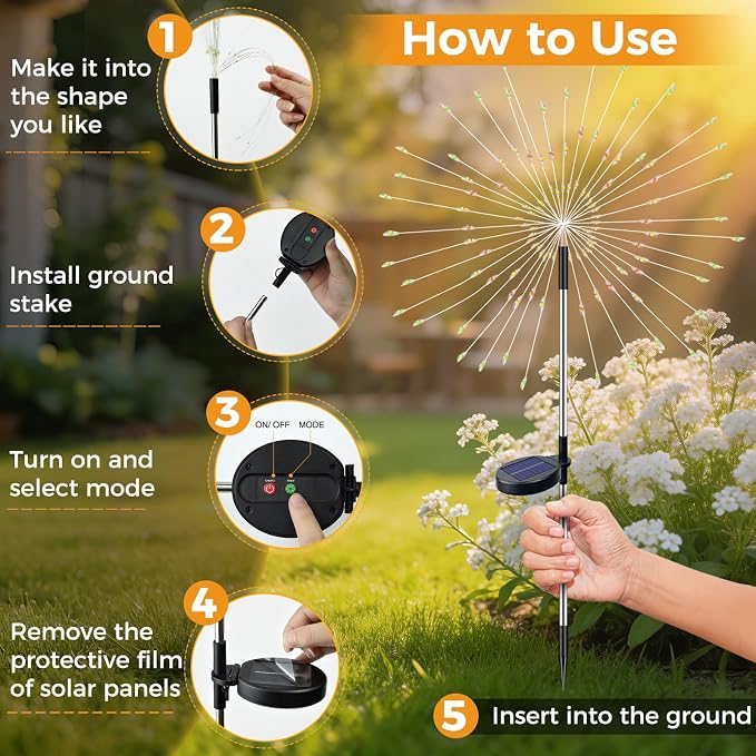 btfarm 6 Pack Solar Garden Lights Outdoor, 8 Modes Firework Lights Outside | 120LED, Waterproof Fairy Twinkle Light Solar Powered for Yard Christmas Pathway Lawn Pool Patio Decorative, Warm White