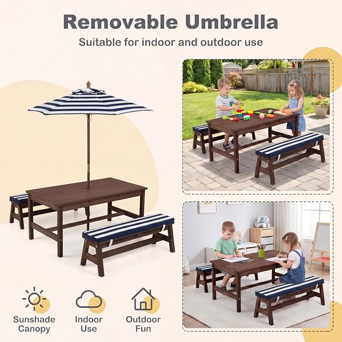 HONEY JOY Kids Picnic Table, Large 42” x 23” Tabletop, Fir Wood Toddler Outdoor Table & Bench Set w/Removable Cushions & Umbrella, Children Backyard Furniture for Patio Garden, Seats for 4 (Blue)