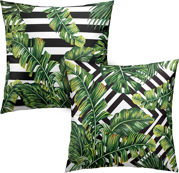Tropical Green Banana Leaf Throw Pillow Covers Black and White with Stripe Pillowcase Square Decorative Cushion Cases Cotton Blend Outdoor Decor 20x20 in 2 Pcs for Beach Sofa Bed