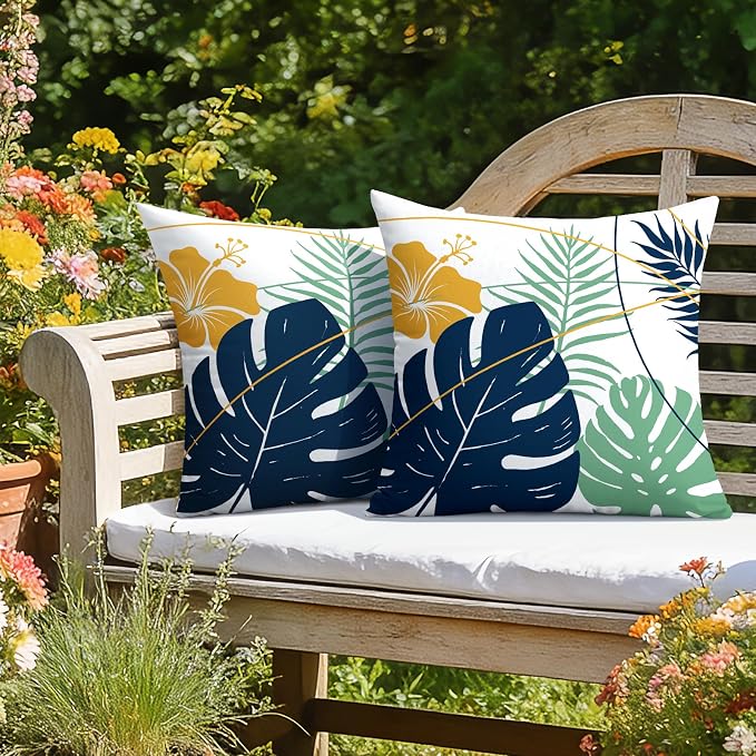 OTOSTAR Outdoor Waterproof Throw Pillow Covers 16x16 Inch Set of 2 Double-Sided Dark Blue Yellow Tropical Leaf and Flower Spring Summer Decorative Pillow Cases for Patio Funiture Garden Balcony Couch
