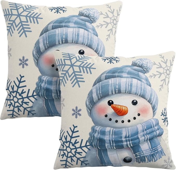Lovely Blue Snowman Pillow Covers Winter Throw Pillow Case 18x18 Set of 2 Snowflakes Pillowcase Holiday Cushion Case for Living Room Bedroom Couch Sofa