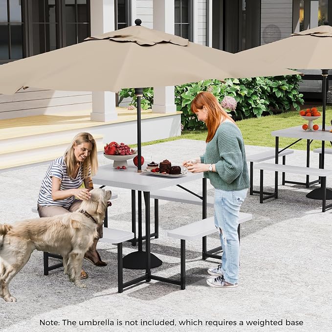 Byroce Outdoor Picnic Table for 4-8 Person, HDPE Picnic Camping Table Set with 4 Benches, Umbrella Hole & Metal Frame, Heavy Duty Square Dining Table Chairs for BBQ in Patio, Yard & Poolside (White)