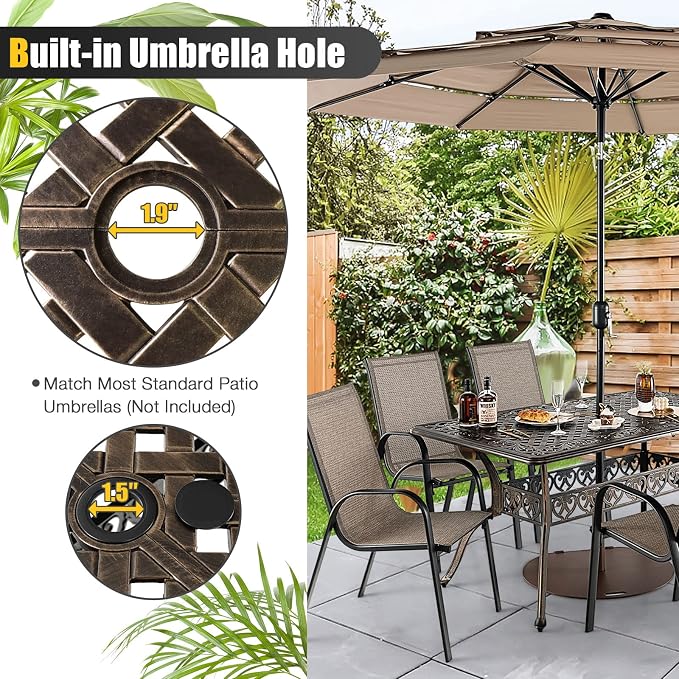Tangkula 59 Inches Outdoor Dining Table, All-Weather Cast Aluminum Table with Umbrella Hole, 6-8 Person Rectangular Dining Table for Garden, Backyard and Poolside (Bronze)