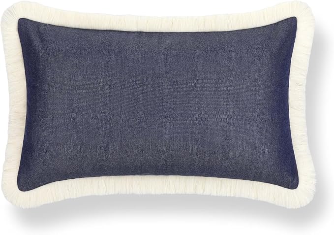 Hofdeco Premium Coastal Hampton Outdoor Performance Lumbar Pillow Cover Only, 12"x20" Water Repellent, UV and Fade Resistant for Backyard, Couch, Poolside, Indigo Blue Woven Solid