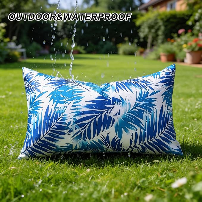 Outdoor Lumbar Pillow Covers Waterproof Summer Decorative Throw Pillow Covers Blue Tropical Leaf Couch Covers 18x18 Set of 2 Outdoor Cushion Home Decor for Patio Furniture Garden Tent Balcony Bench
