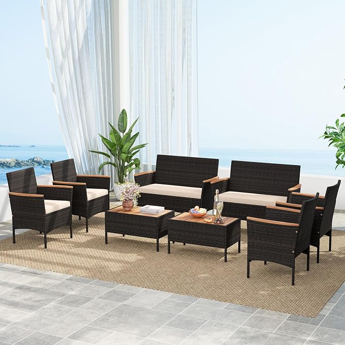 HAPPYGRILL 8 Pieces Outdoor Patio Rattan Furniture Set, Rattan Conversation Set with Chairs & Loveseat, Acacia Wood Tabletop & Armrest, Outdoor Cushion Sofa Set for Backyard Patio Poolside