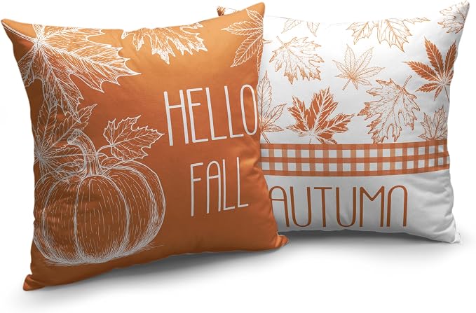 Hello Fall Pillow Covers Burnt Orange Maple Leaves Pumpkin Throw Pillow Covers 16x16 Set of 2 Autumn Pillowcase Double Sided Printing Cushion Case for Home Decor Couch Sofa