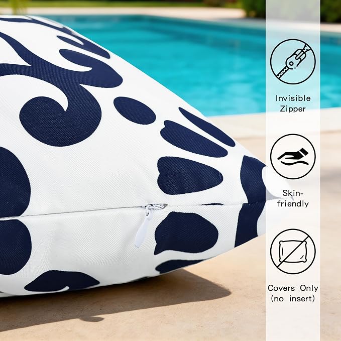Set of 2 Navy Blue Outdoor Waterproof Pillow Covers 12x20 Inch | Morocco Tile Floral Decorative Throw Pillow Cover, Abstract Boho Outdoor Cushion Cases for Patio Funiture Garden Couch Bench
