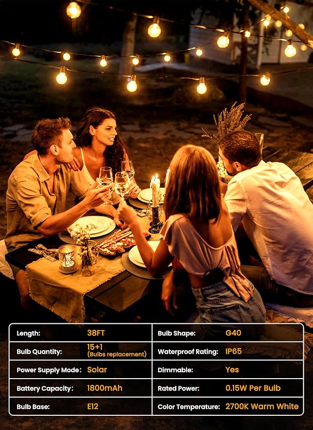Brightown 38FT 16LED Solar String Lights Outdoor with Remote & USB Port | Shatterproof Bulbs, Dimmable & Timable, 3 Modes, Solar Patio Lights with a Mount Clip for Camping Backyard Garden Decor